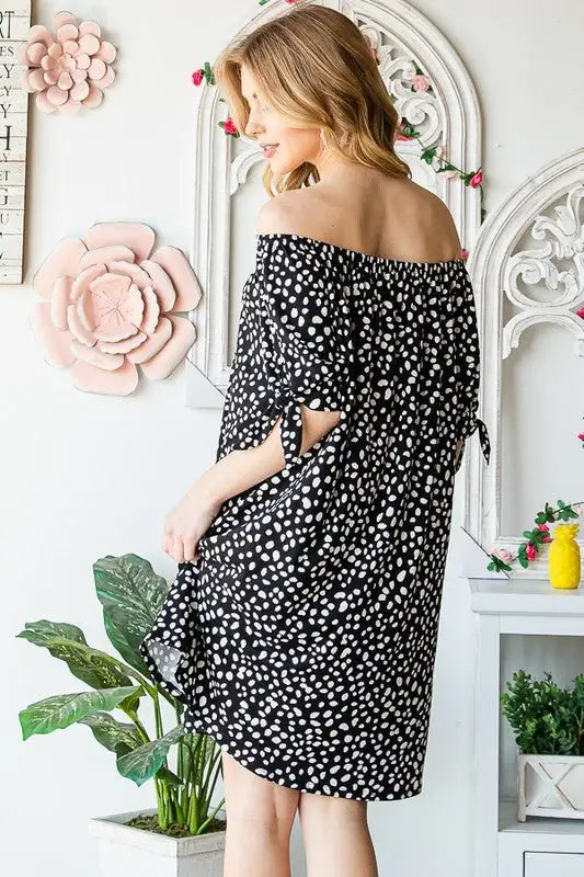 Off Shoulder Animal Mini Dress - Short Sleeve Dresses