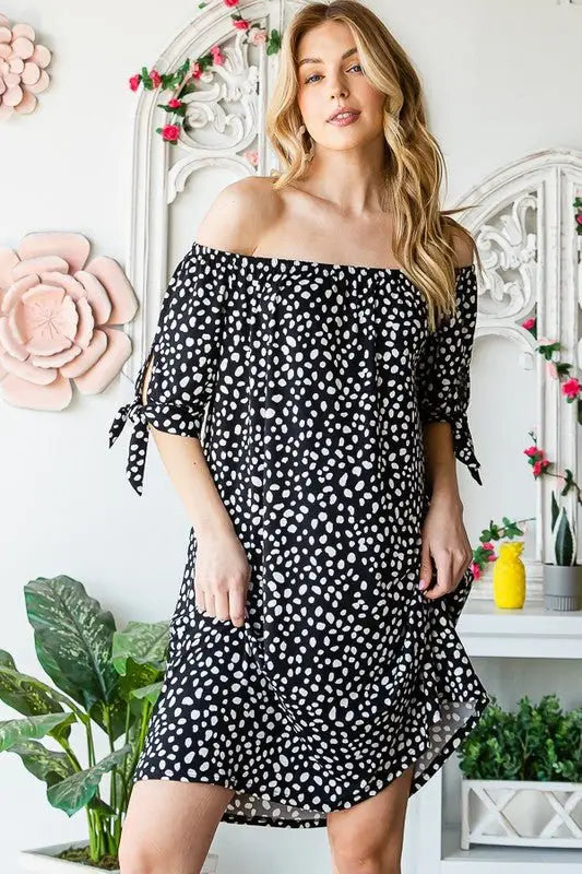 Off Shoulder Animal Mini Dress - Short Sleeve Dresses
