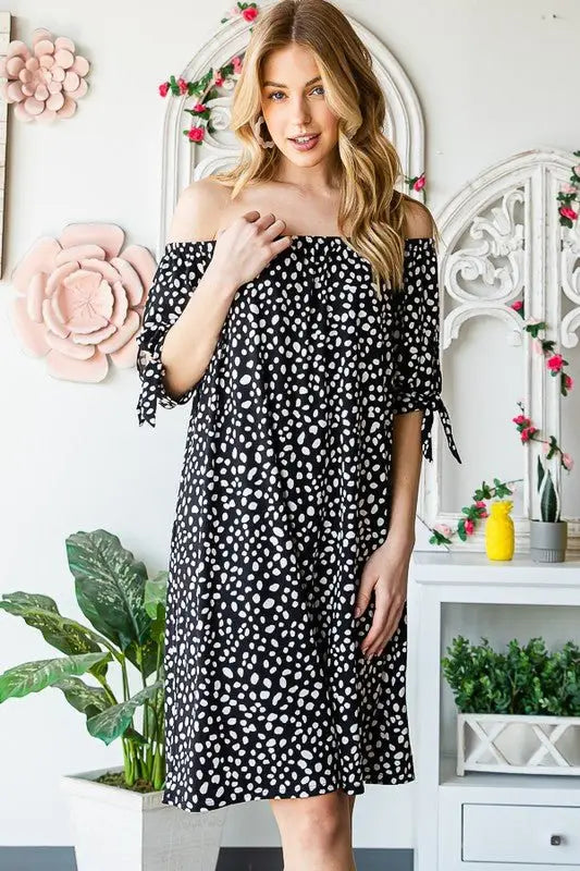 Off Shoulder Animal Mini Dress - Short Sleeve Dresses
