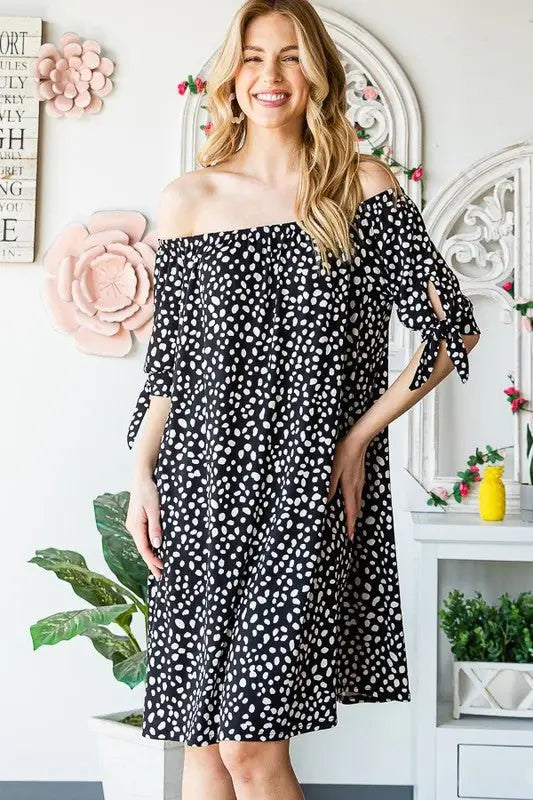Off Shoulder Animal Mini Dress - Short Sleeve Dresses