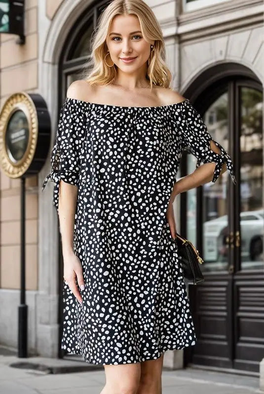 Off Shoulder Animal Mini Dress - Short Sleeve Dresses