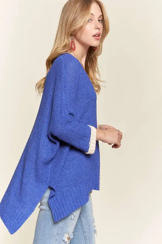 Side Slit Blue Color Block Sweater - Eclectage