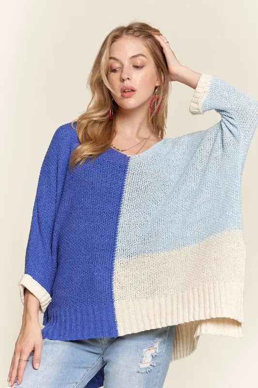 Side Slit Blue Color Block Sweater - Eclectage