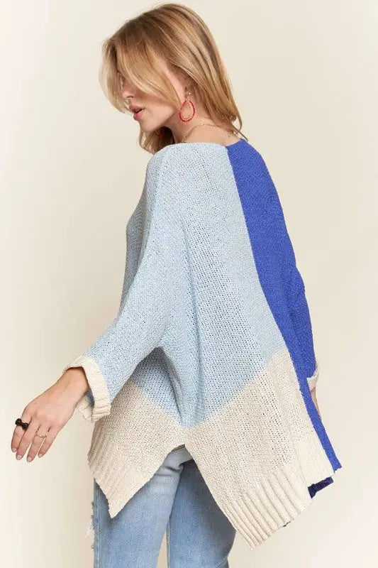 Side Slit Blue Color Block Sweater - Eclectage