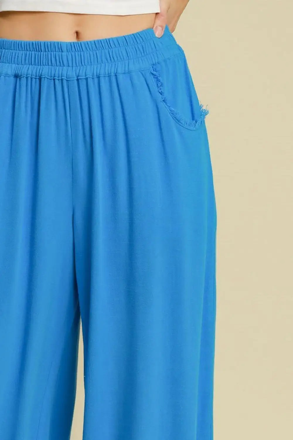 Umgee Full Size Linen Blend Elastic Waistband Wide Leg Pants Plus Size - Eclectage