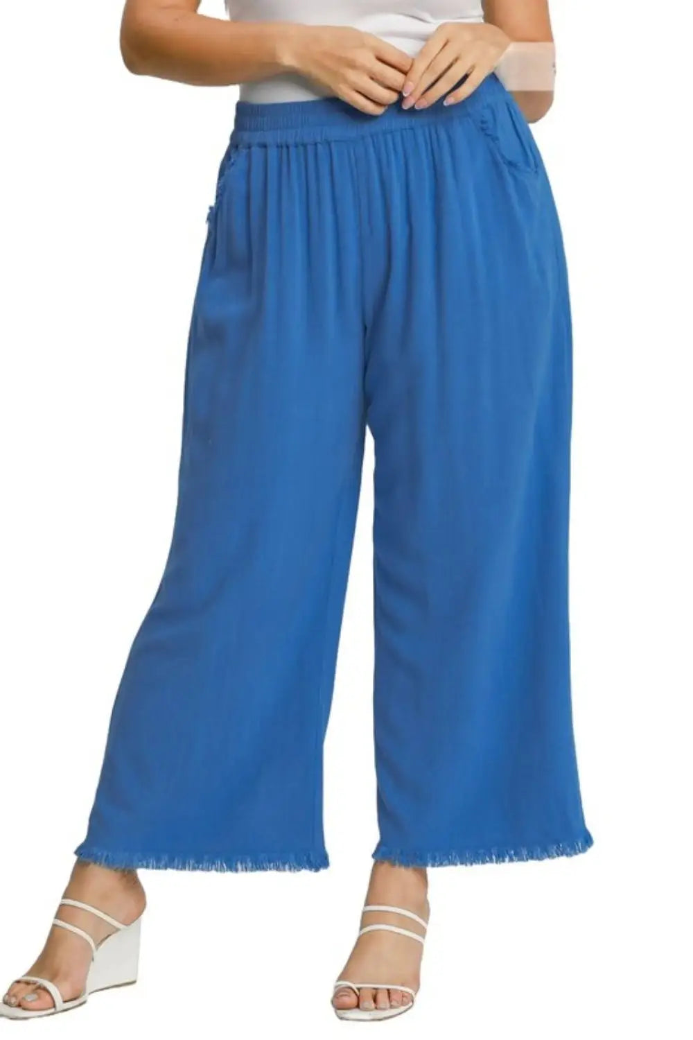 Umgee Full Size Linen Blend Elastic Waistband Wide Leg Pants Plus Size - Eclectage