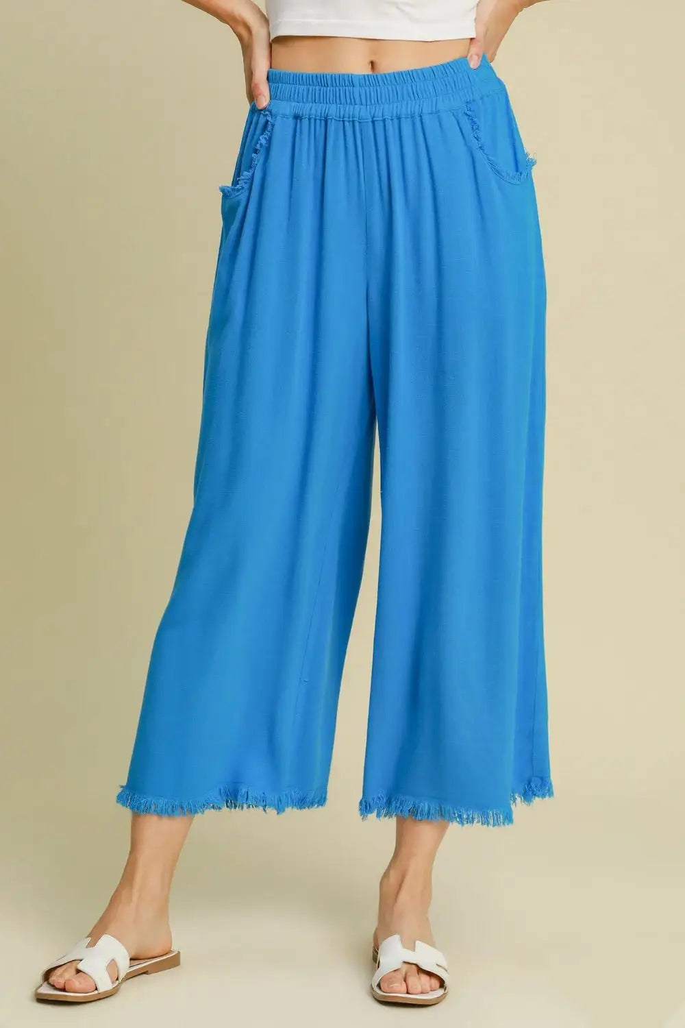 Umgee Full Size Linen Blend Elastic Waistband Wide Leg Pants Plus Size - Eclectage