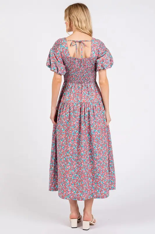 Smocked Floral Square Neck Puff Sleeve Midi Dress - Eclectage