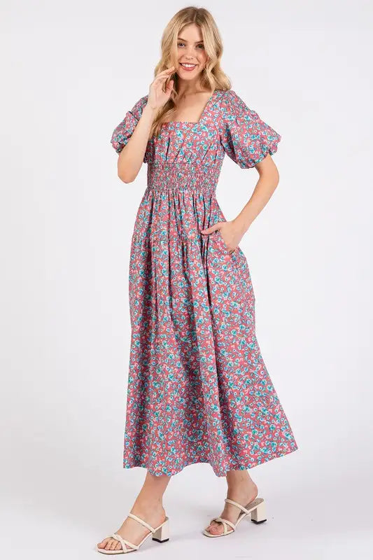 Smocked Floral Square Neck Puff Sleeve Midi Dress - Eclectage