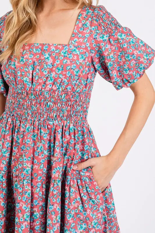 Smocked Floral Square Neck Puff Sleeve Midi Dress - Eclectage