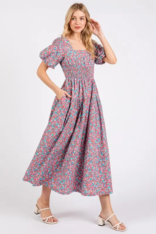 Smocked Floral Square Neck Puff Sleeve Midi Dress - Eclectage