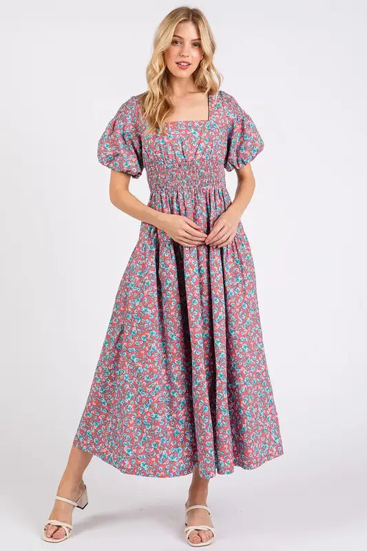 Smocked Floral Square Neck Puff Sleeve Midi Dress - Eclectage