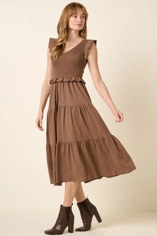 Smocked Ruffled Tiered Midi Dress - Eclectage