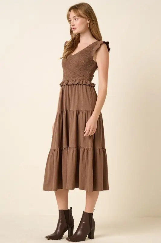 Smocked Ruffled Tiered Midi Dress - Eclectage