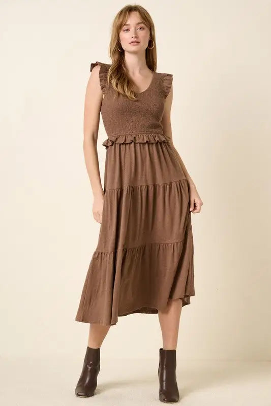 Smocked Ruffled Tiered Midi Dress - Eclectage