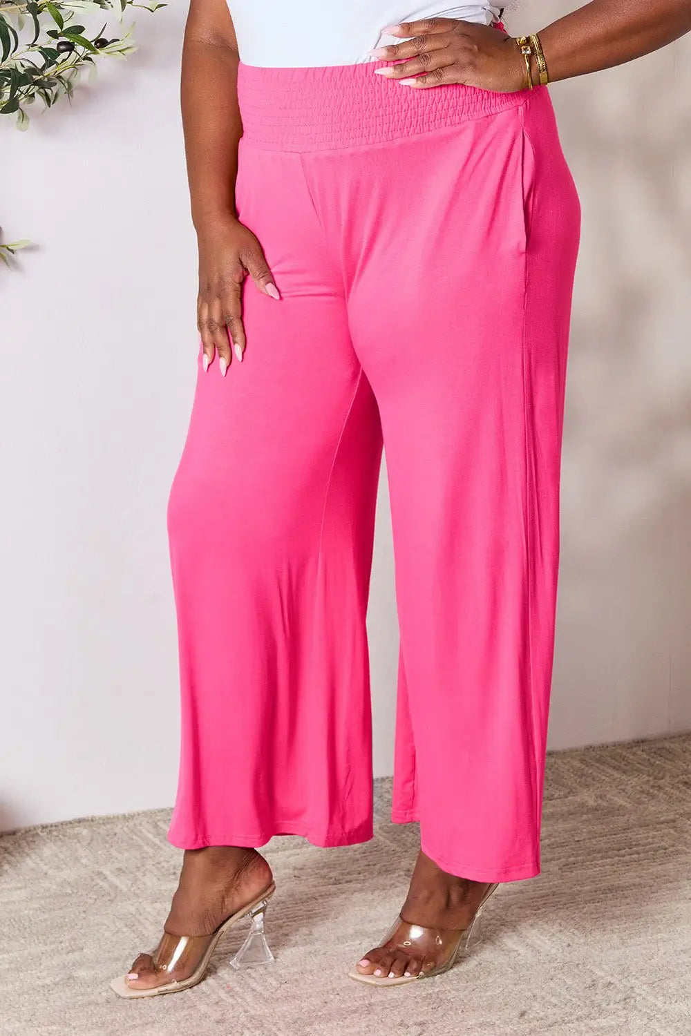 Smocked Wide Leg Pants - Pants