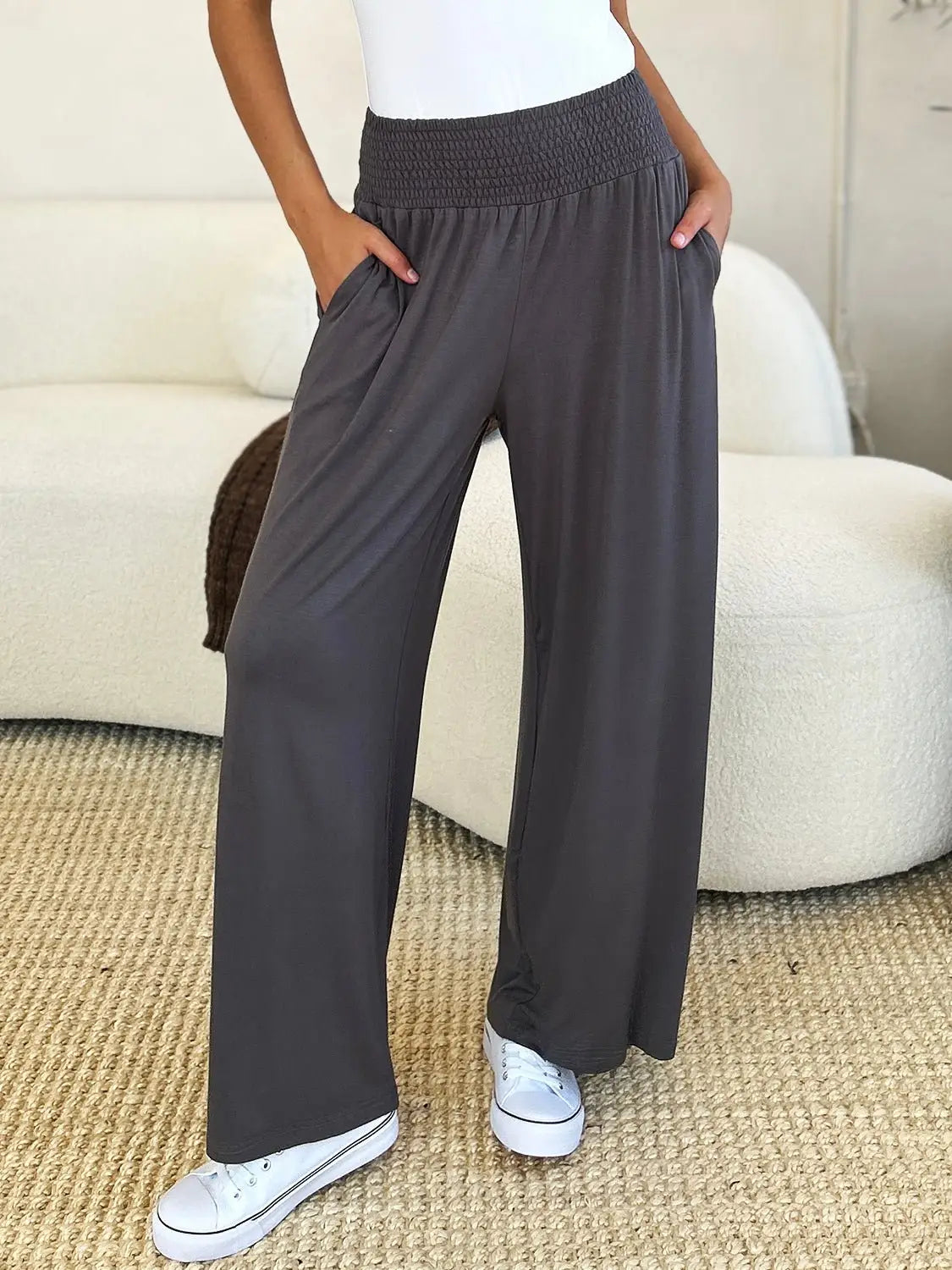 Smocked Wide Leg Pants - Pants