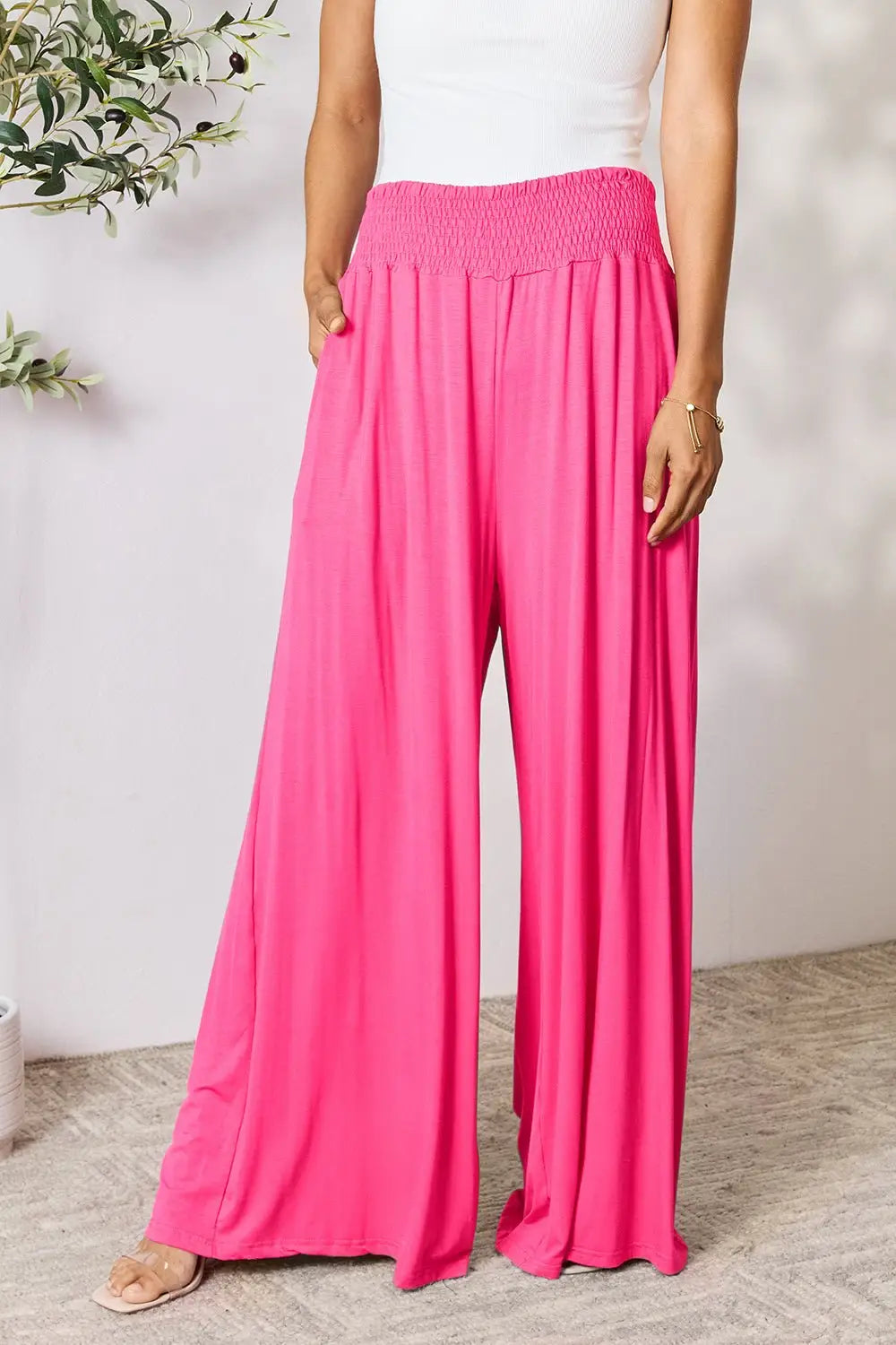 Smocked Wide Leg Pants - Pants
