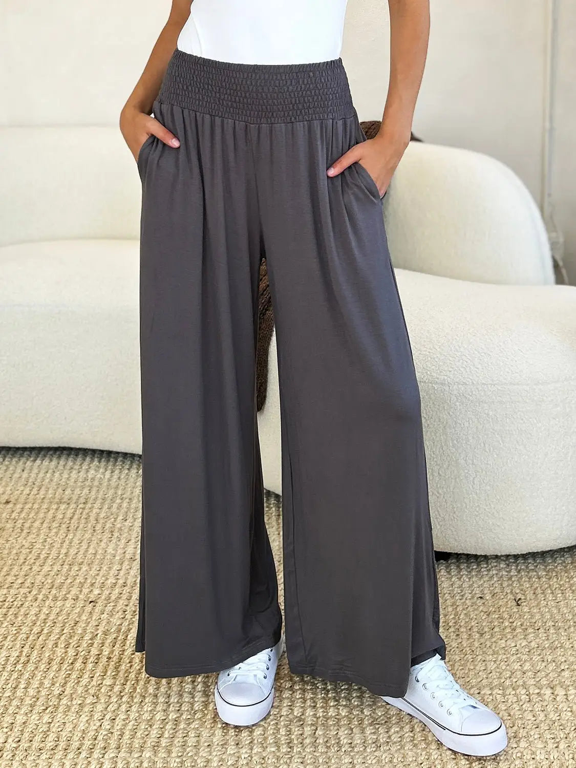 Smocked Wide Leg Pants - Pants