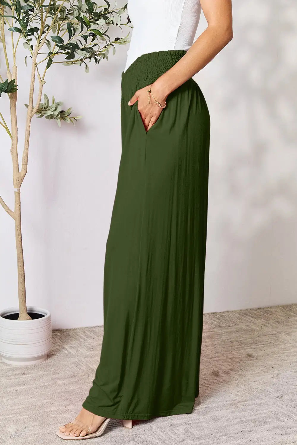 Smocked Wide Leg Pants - Pants
