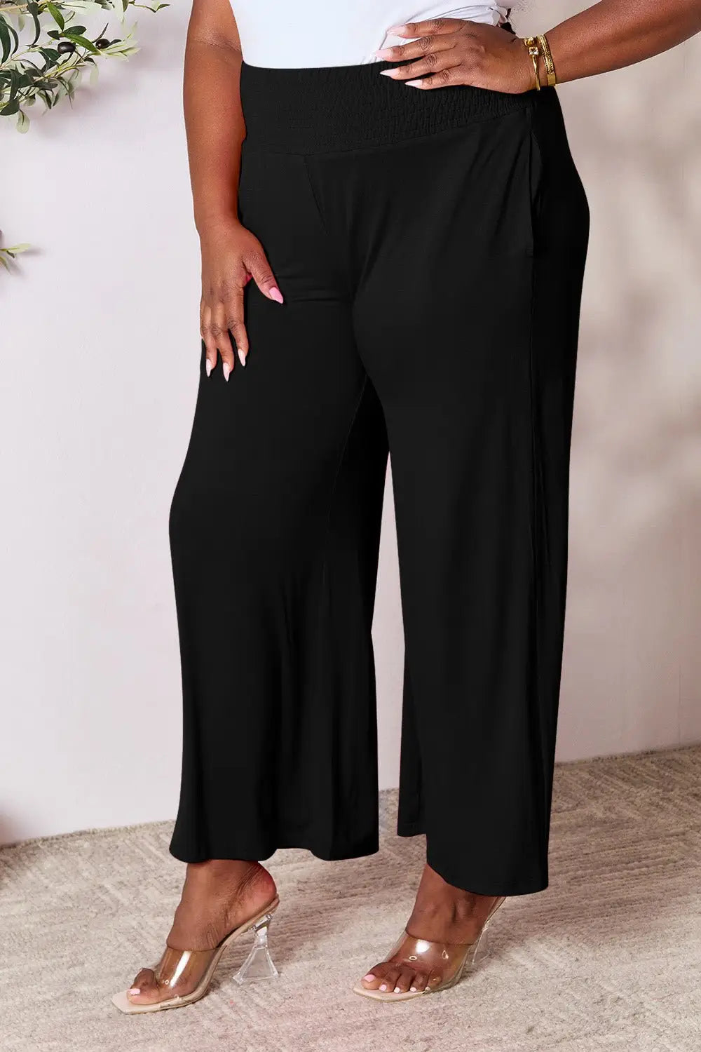 Smocked Wide Leg Pants - Pants
