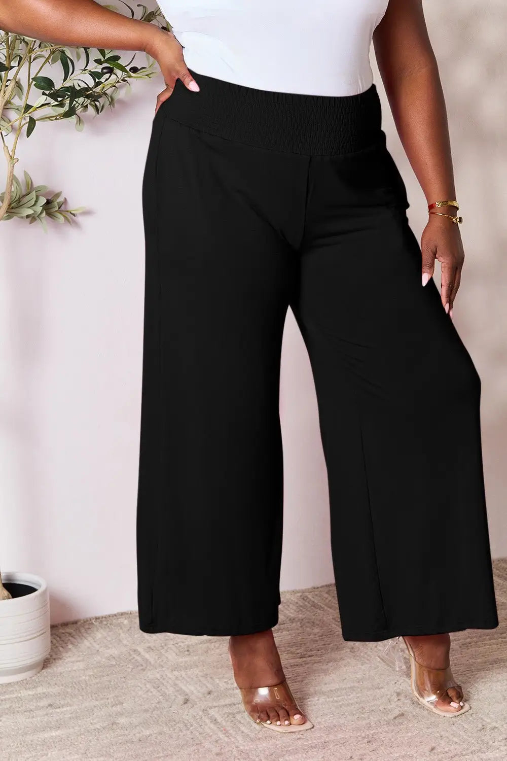 Smocked Wide Leg Pants - Pants