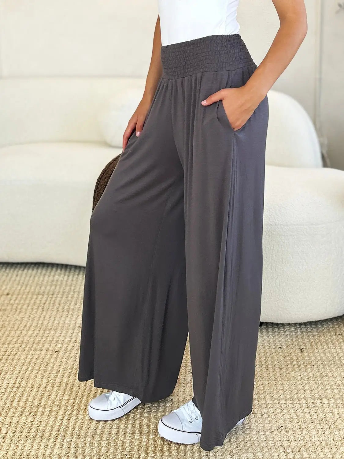 Smocked Wide Leg Pants - Pants