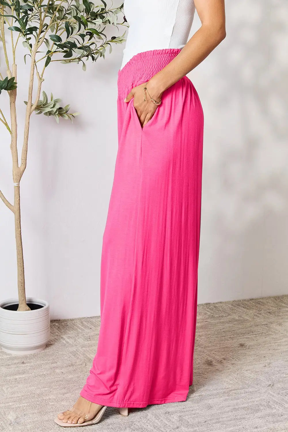 Smocked Wide Leg Pants - Pants