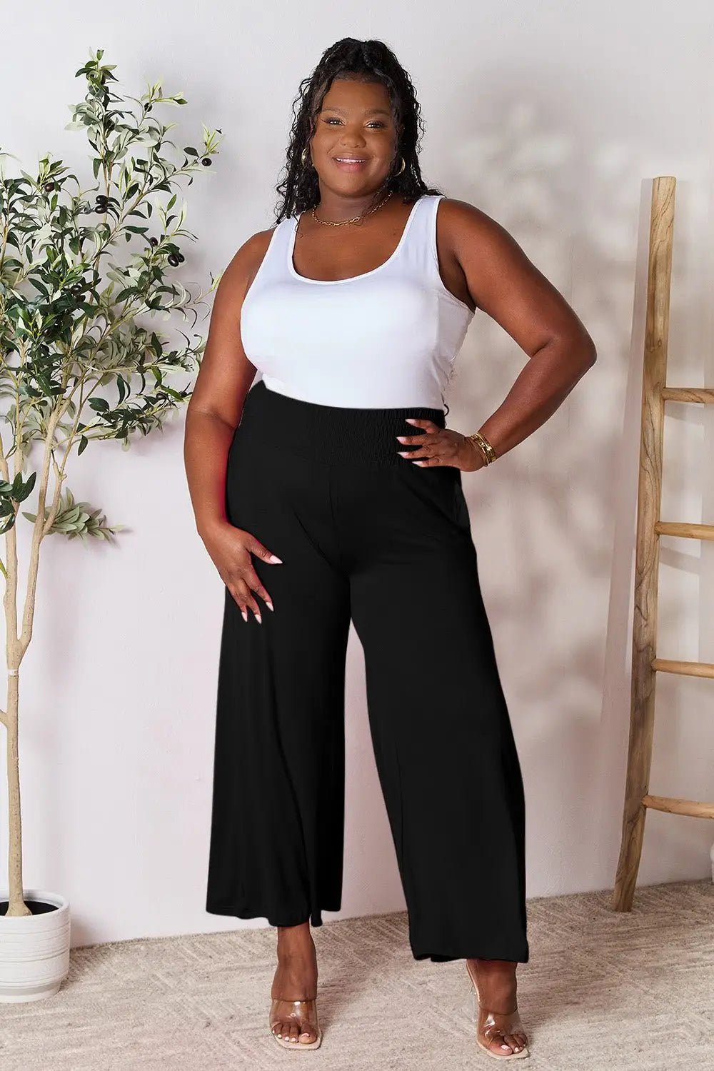 Smocked Wide Leg Pants - Pants