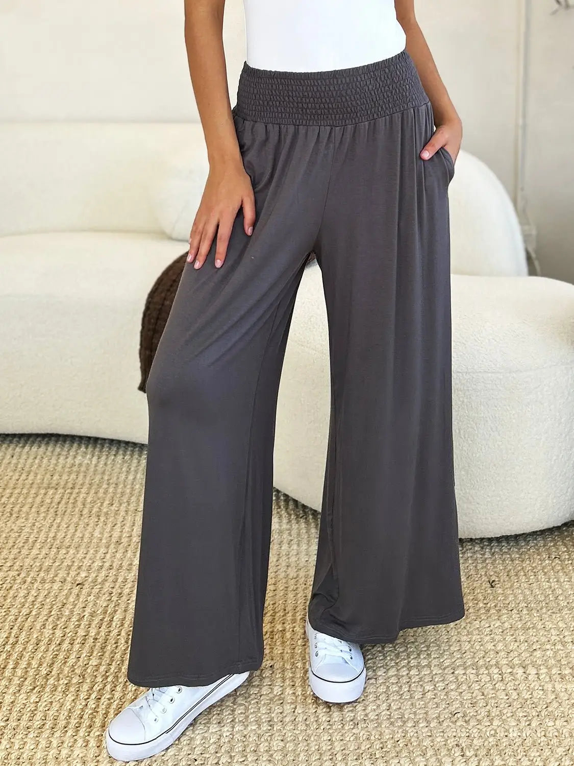 Smocked Wide Leg Pants - Pants