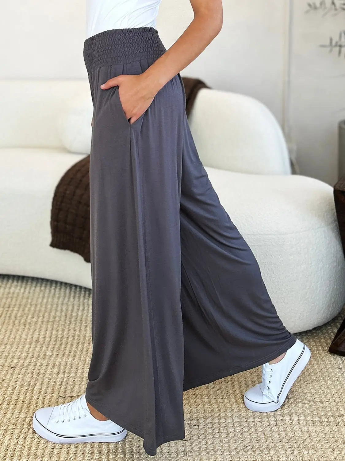 Smocked Wide Leg Pants - Pants