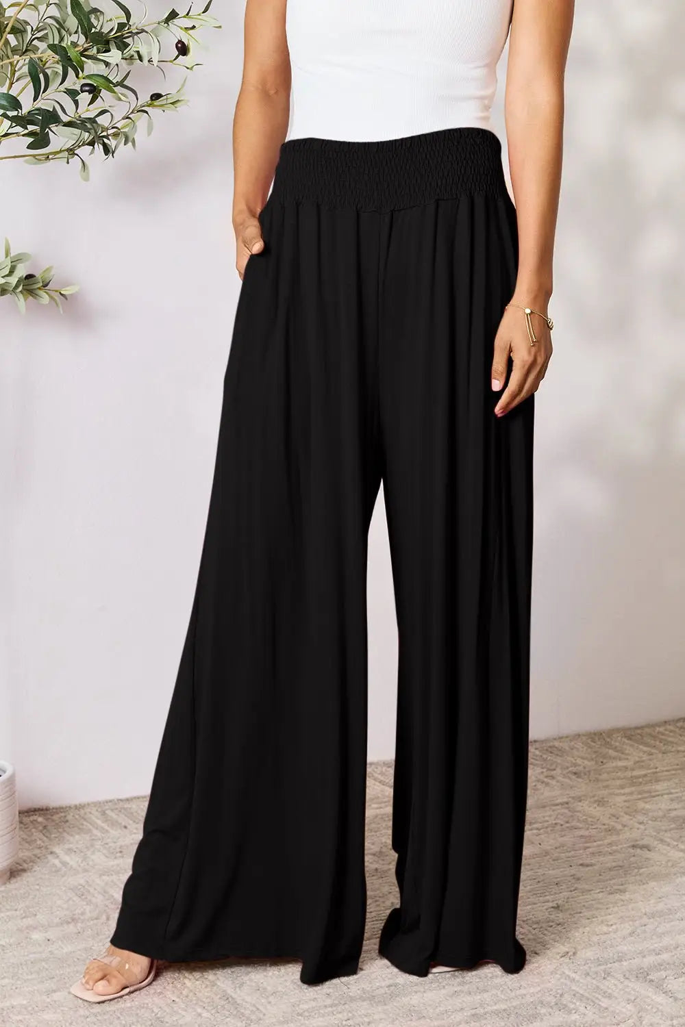 Smocked Wide Leg Pants - Pants