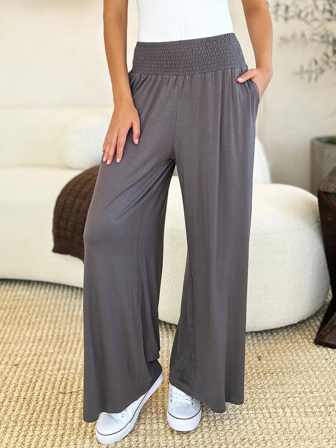 Smocked Wide Leg Pants - Pants