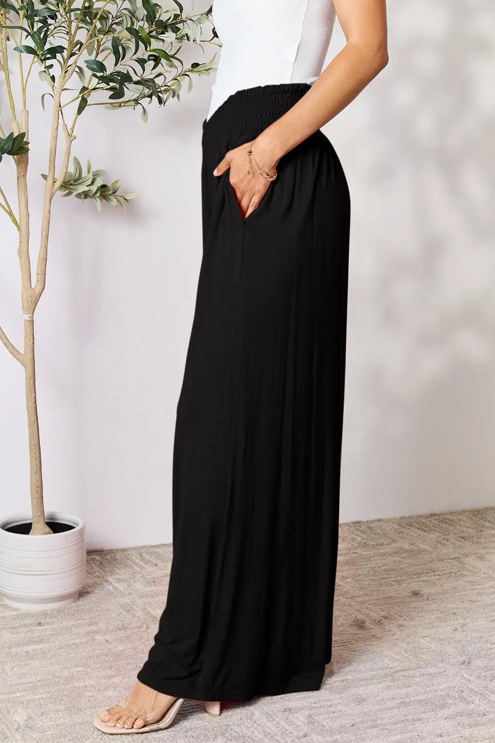 Smocked Wide Leg Pants - Pants