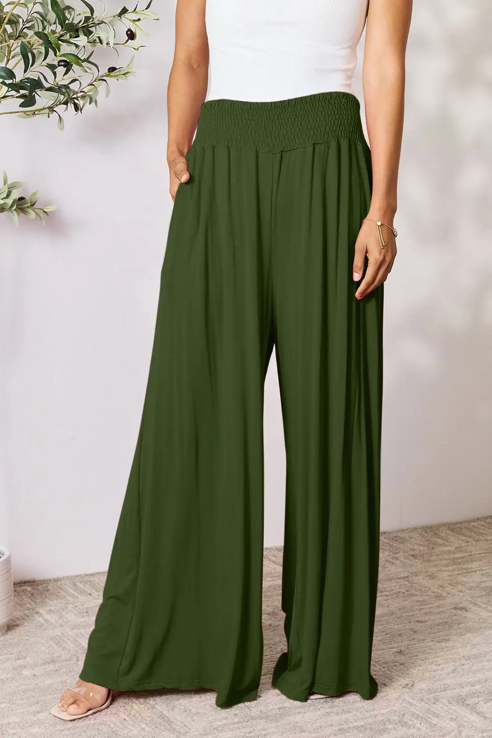 Smocked Wide Leg Pants - Pants