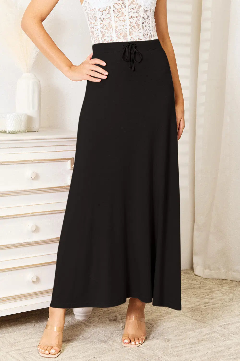 Double Take Full Size Soft Rayon Drawstring Waist Maxi Skirt - Eclectage