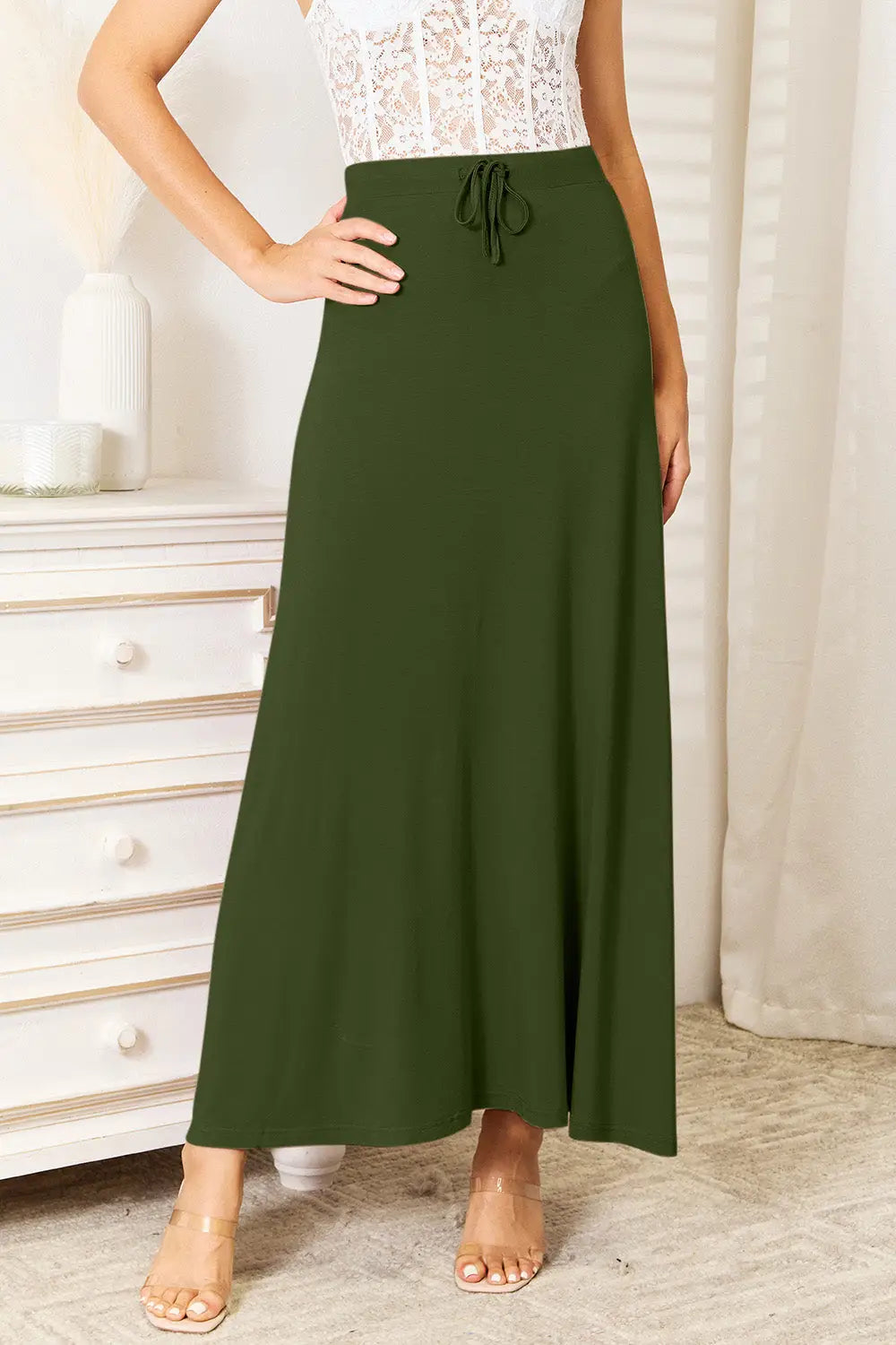 Double Take Full Size Soft Rayon Drawstring Waist Maxi Skirt - Eclectage