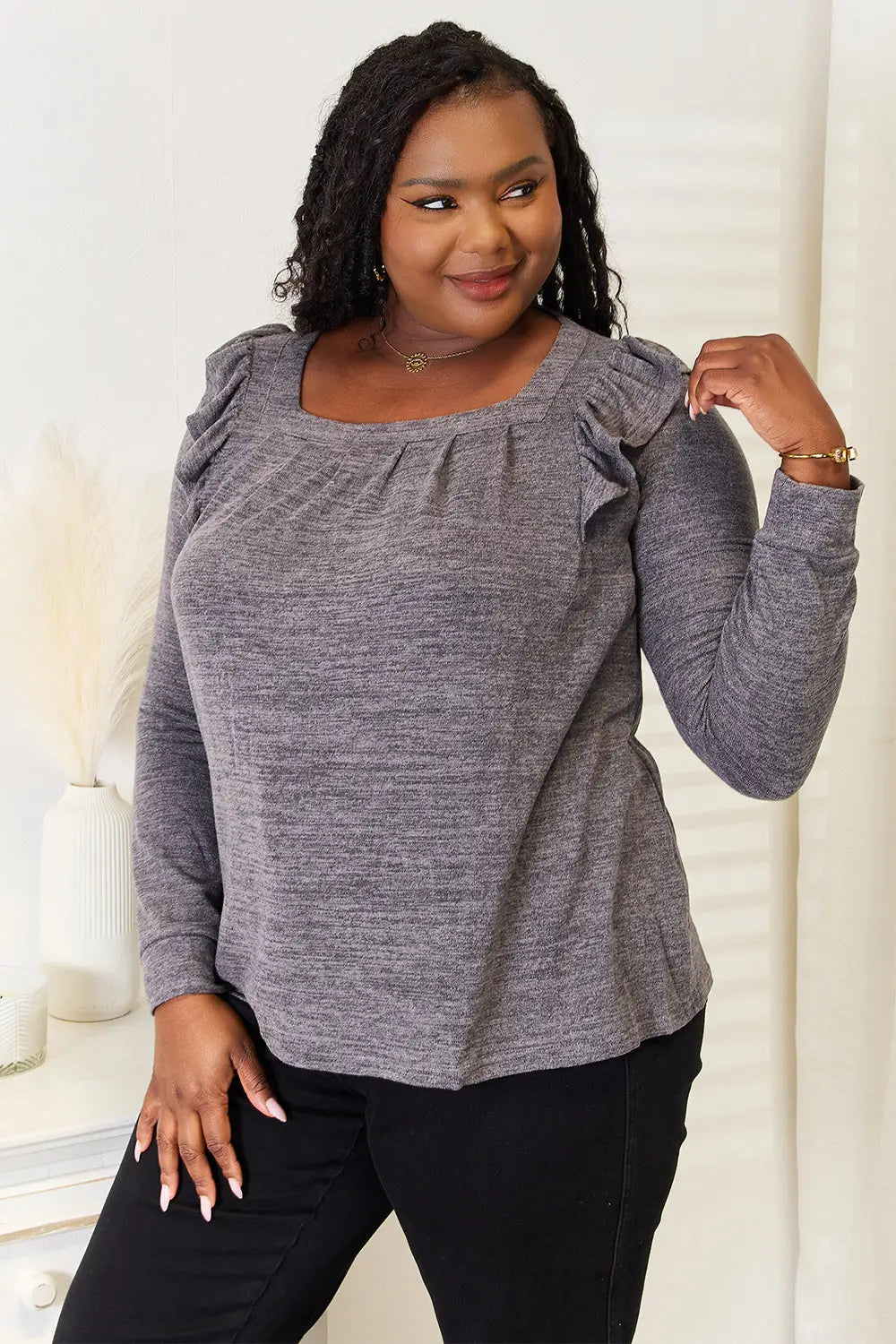 Square Neck Ruffle Shoulder Long Sleeve T-Shirt - Eclectage