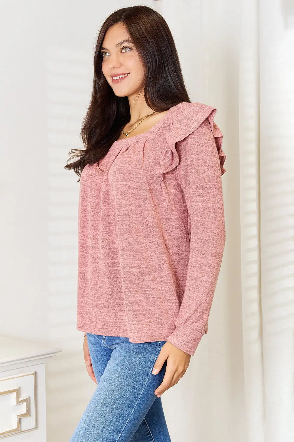 Square Neck Ruffle Shoulder Long Sleeve T-Shirt - Eclectage