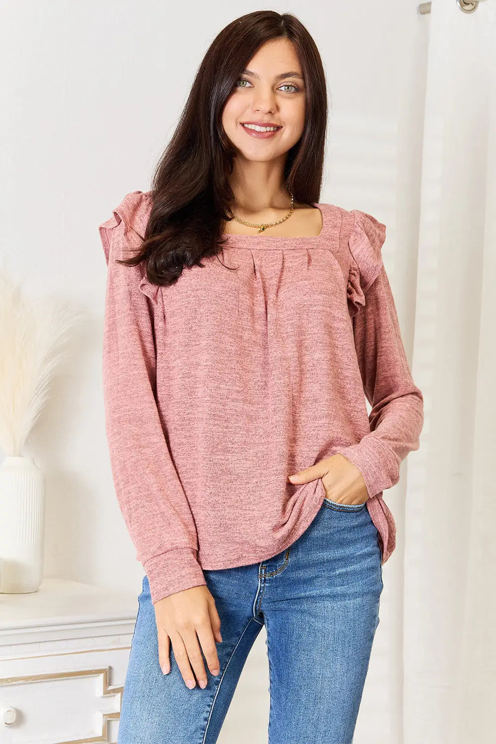 Square Neck Ruffle Shoulder Long Sleeve T-Shirt - Eclectage