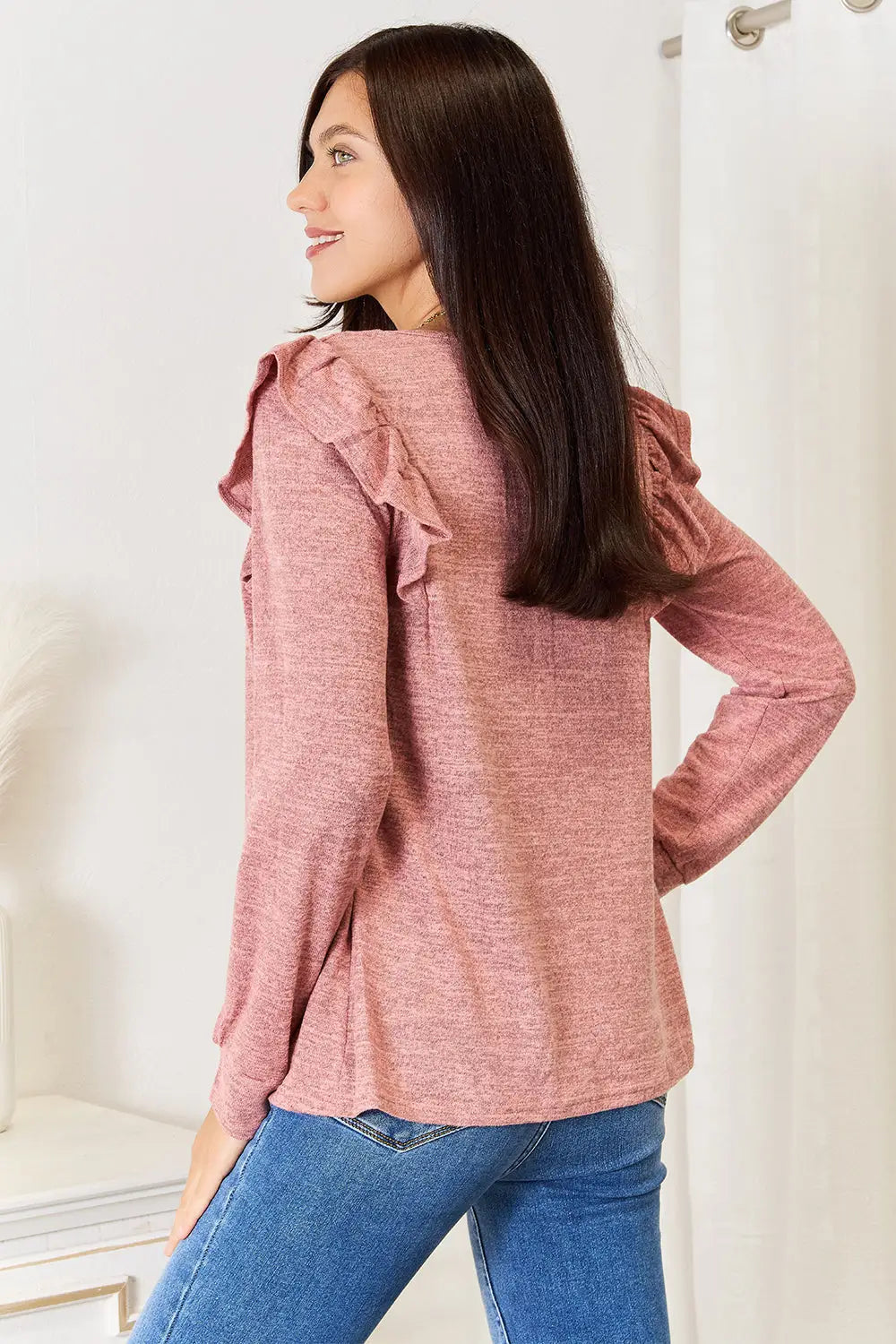 Square Neck Ruffle Shoulder Long Sleeve T-Shirt - Eclectage