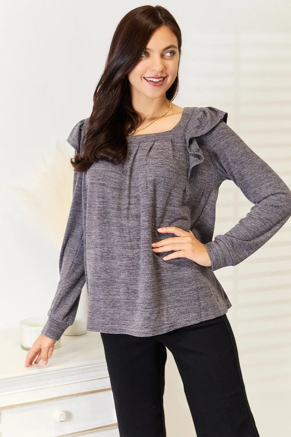 Square Neck Ruffle Shoulder Long Sleeve T-Shirt - Eclectage