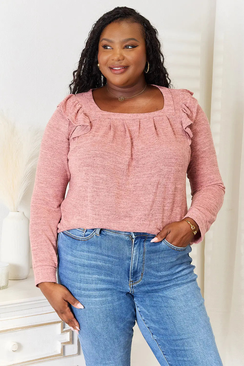 Square Neck Ruffle Shoulder Long Sleeve T-Shirt - Eclectage
