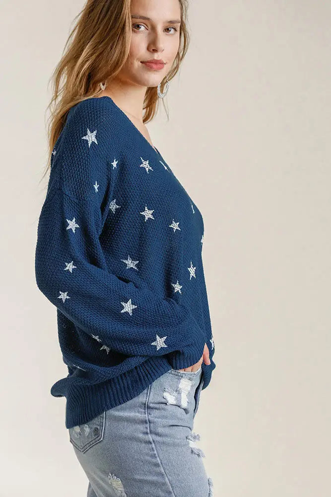 Umgee Full Size Star V-Neck Long Sleeve Sweater Plus Size - Eclectage