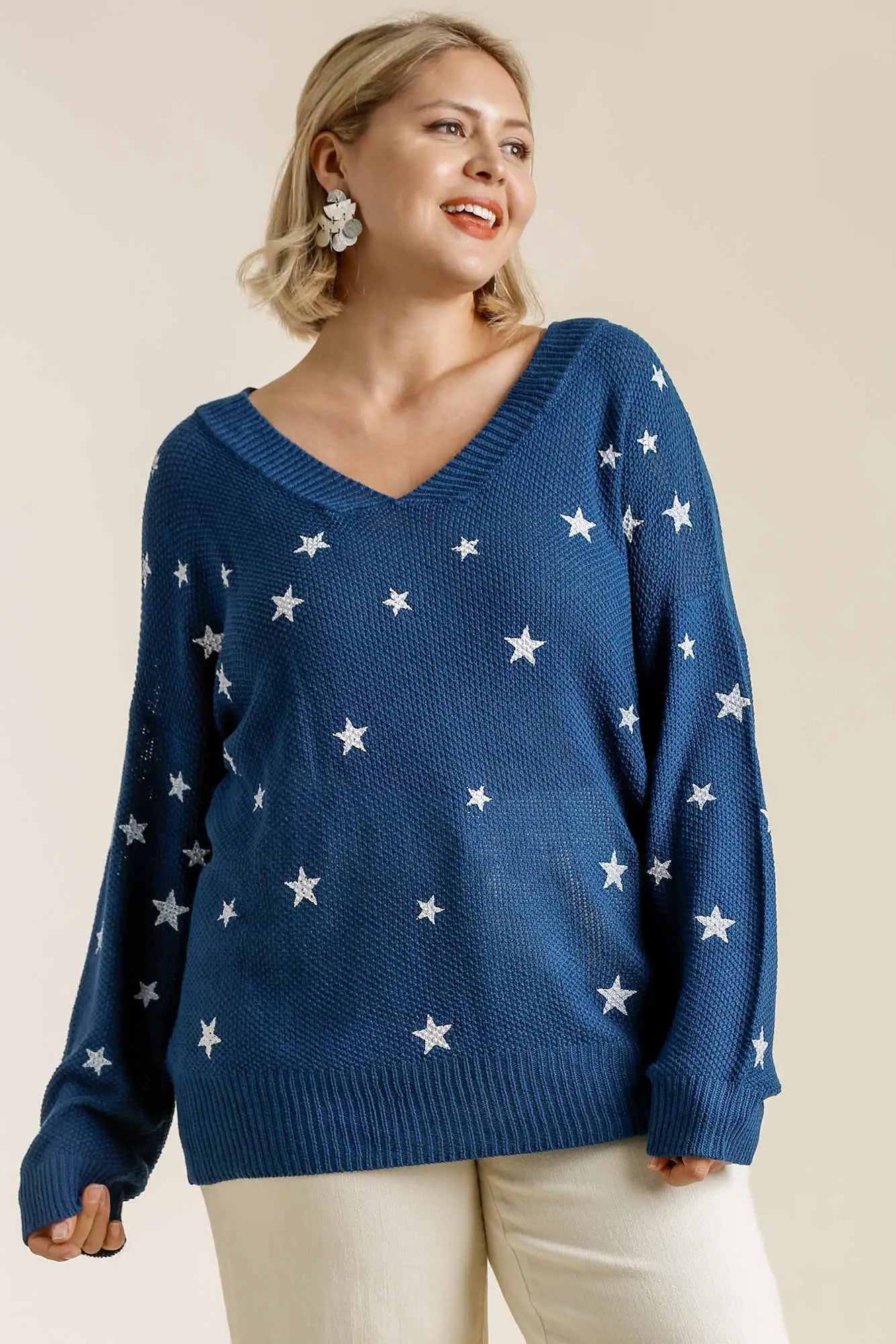 Umgee Full Size Star V-Neck Long Sleeve Sweater Plus Size - Eclectage