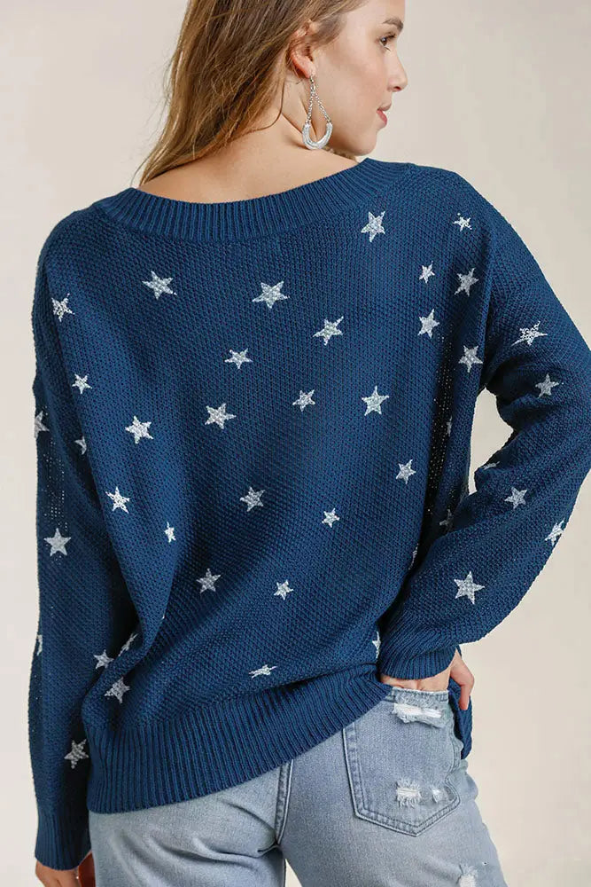 Umgee Full Size Star V-Neck Long Sleeve Sweater Plus Size - Eclectage