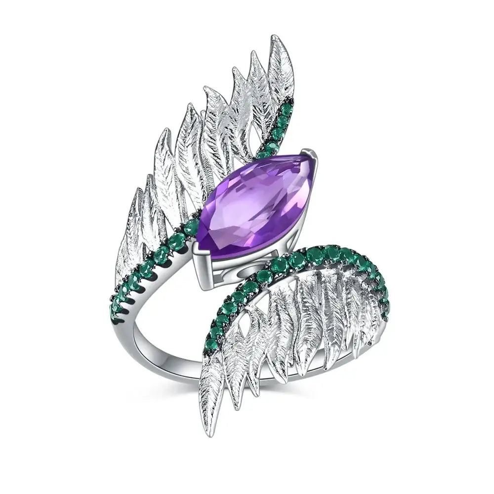 Sterling Silver Feather Ring 5 / United States / Amethyst|925 Sterling Silver Rings