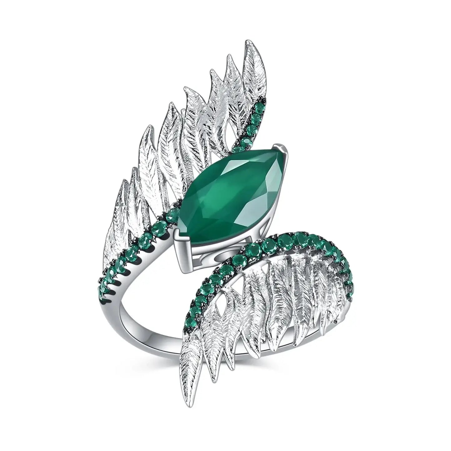 Sterling Silver Feather Ring 5 / United States / Green Agate|925 Sterling Silver Rings