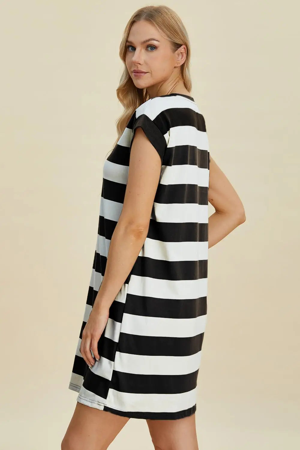 Striped Round Neck Cap Sleeve Mini Dress - Mini Dresses