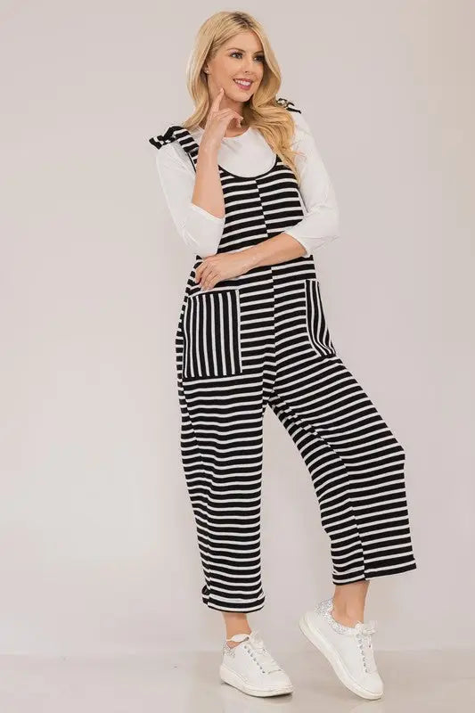 Striped Scoop Neck Overalls - Eclectage